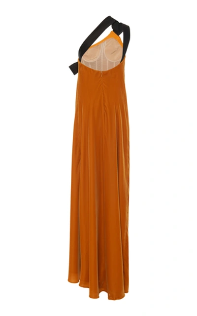 Shop Oscar De La Renta Bow-accented Asymmetrical Velvet Gown In Yellow