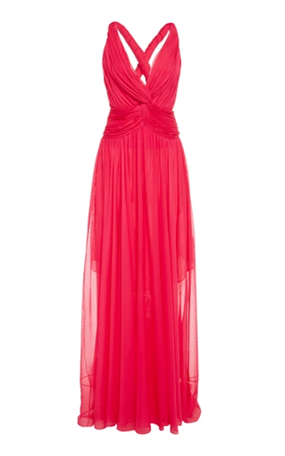 Shop Oscar De La Renta Gathered V-neck Strap Gown In Pink