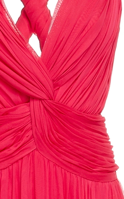 Shop Oscar De La Renta Gathered V-neck Strap Gown In Pink