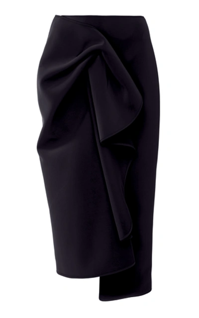 Shop Acler Crawford Asymmetric Gathered Crepe De Chine Midi Skirt In Navy