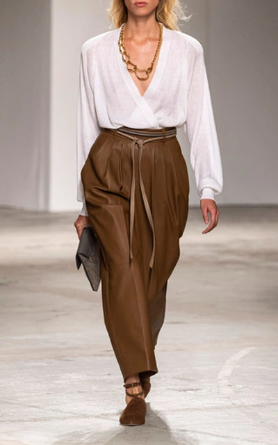 Shop Agnona Nappa Leather High-waisted Belted Pants In Neutral