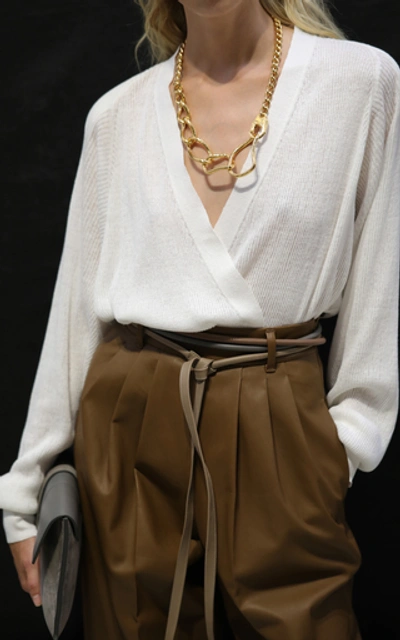 Shop Agnona Nappa Leather High-waisted Belted Pants In Neutral