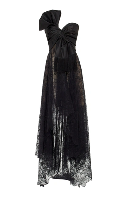 Shop Oscar De La Renta Strapless Drape Front Lace Gown In Black