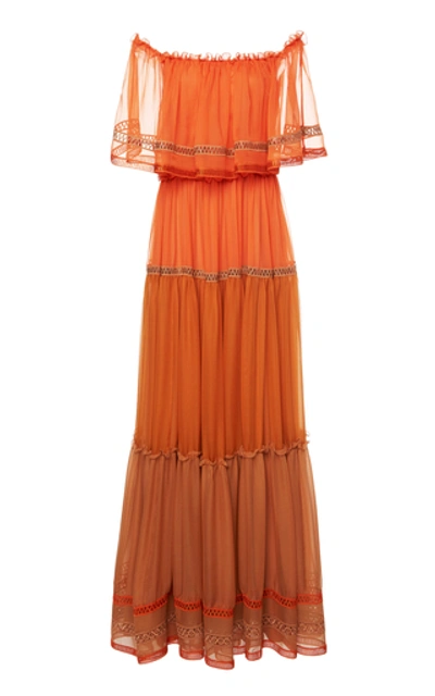 Shop Alberta Ferretti Chiffon Off-shoulder Tiered Gown In Orange