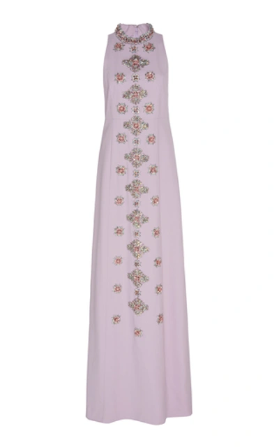 Shop Andrew Gn Sleeveless Embroidered Crepe Dress In Purple