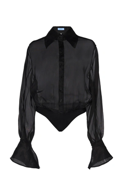 Shop Mugler Satin Organza Shirt Bodysuit In Black