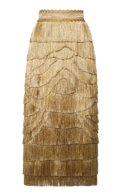 Shop Dolce & Gabbana High-rise Fringe Midi Skirt In Gold