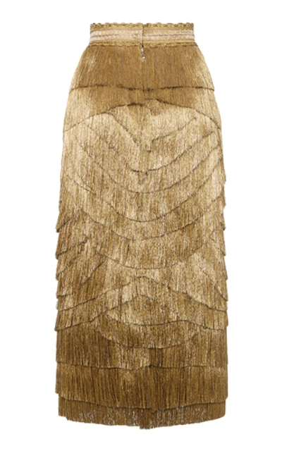 Shop Dolce & Gabbana High-rise Fringe Midi Skirt In Gold