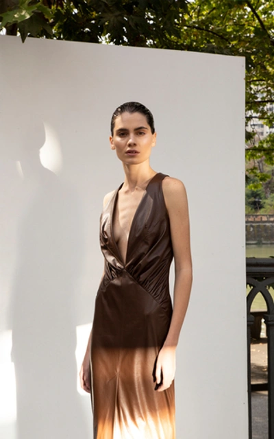 Shop Aleksandre Akhalkatsishvili Deep-v Faux Leather Midi Dress In Brown