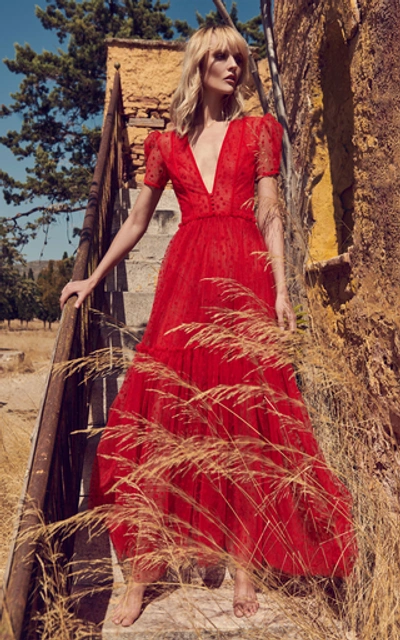 Shop Costarellos Flocked Dot Plunging Neckline Tulle Dress With Tiered Skir In Red