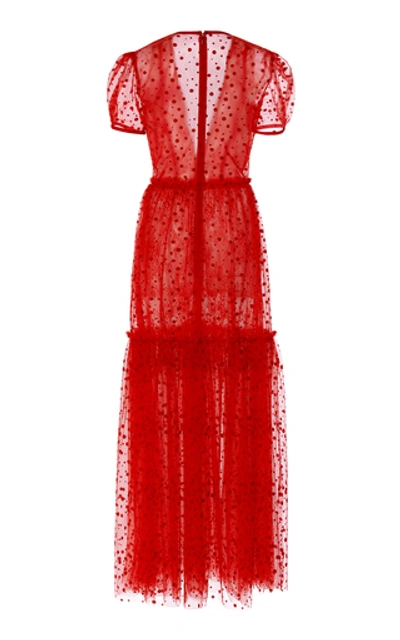Shop Costarellos Flocked Dot Plunging Neckline Tulle Dress With Tiered Skir In Red