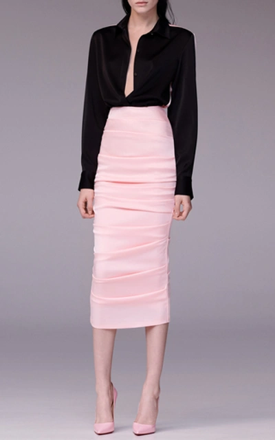 Shop Alex Perry Regan Ruched Satin Pencil Skirt In Pink