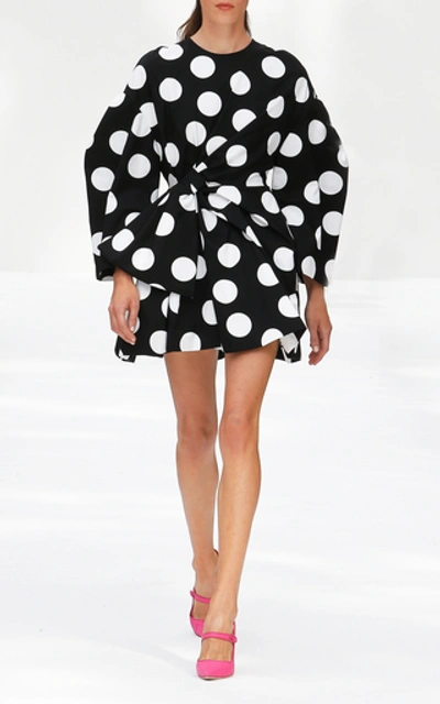 Shop Carolina Herrera Polka Dot Bow-embellished Cotton Mini Dress In Black/white