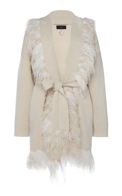 Shop Alanui Feather-trimmed Wool-blend Cardigan In Neutral