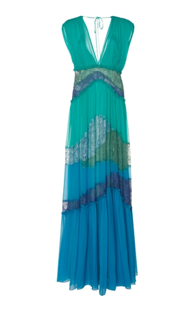 Shop Alberta Ferretti Pleated Embroidered Silk Maxi Dress In Green