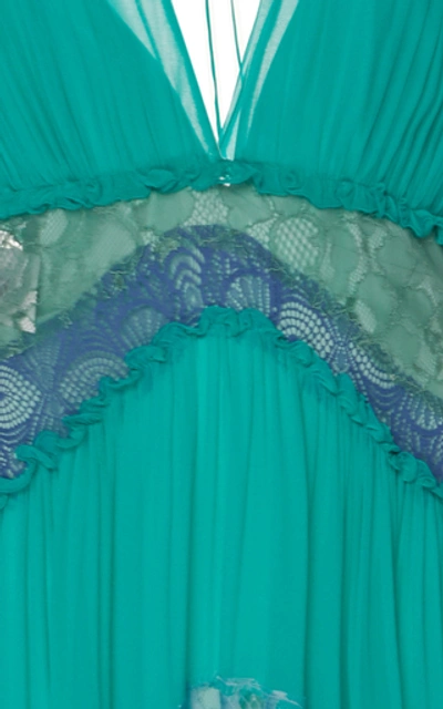 Shop Alberta Ferretti Pleated Embroidered Silk Maxi Dress In Green