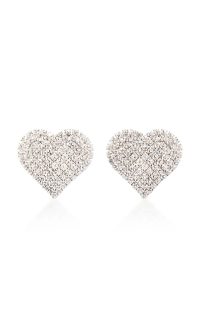 Shop Alessandra Rich Small Heart Silver-tone Crystal Earrings