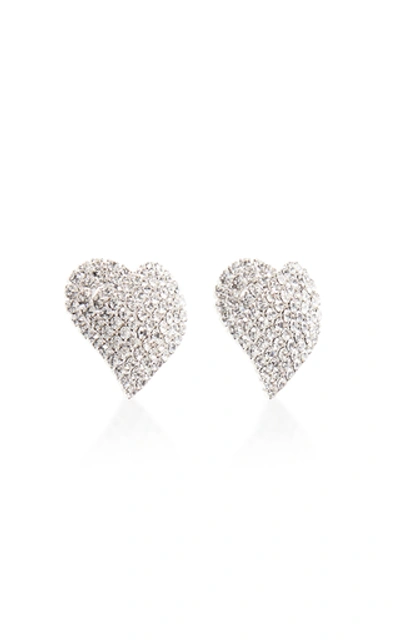 Shop Alessandra Rich Small Heart Silver-tone Crystal Earrings