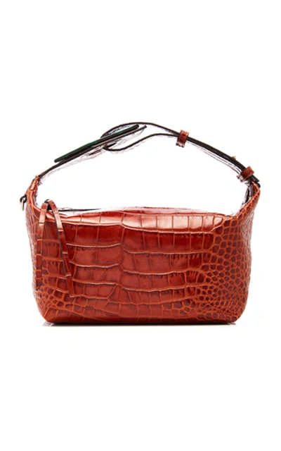 Shop Ganni Resin-embellished Croc-effect Leather Shoulder Bag In Brown