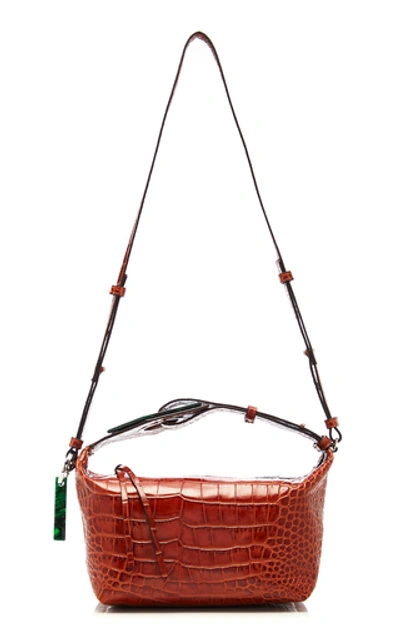 Shop Ganni Resin-embellished Croc-effect Leather Shoulder Bag In Brown
