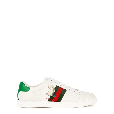 Shop Gucci New Ace White Embroidered Leather Sneakers