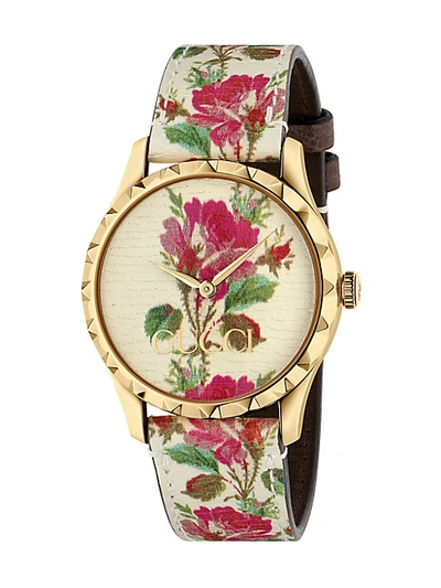 Shop Gucci G-timeless Floral Leather Strap Watch