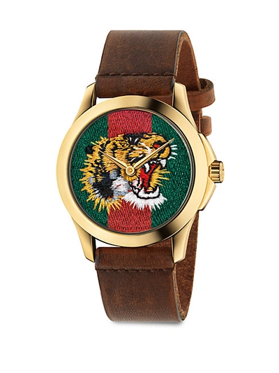 Shop Gucci Le March&eacute; Des Merveilles Tiger Yellow Goldtone Pvd & Leather Strap Watch