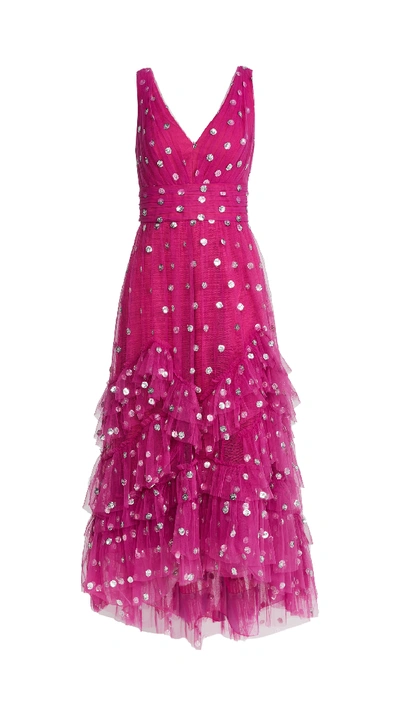 Shop Marchesa Notte Sequin Dot Tulle Ruffle Midi Dress In Fuschia