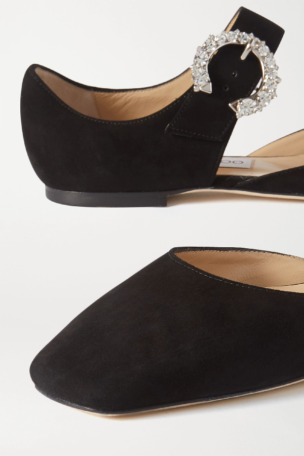 Jimmy Choo Gin Crystal-embellished Suede Ballet Flats In Black | ModeSens