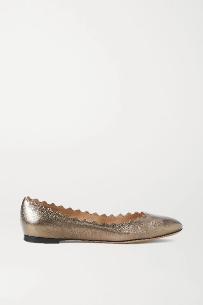 Shop Chloé Lauren Scalloped Metallic Cracked-leather Ballet Flats In Silver