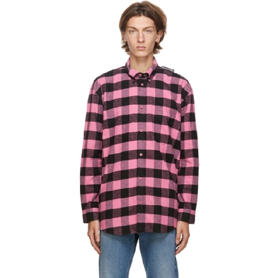 Shop Balenciaga Pink & Black Check Flannel Tab Shirt In 1401pink/b