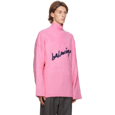 Shop Balenciaga Pink Oversized Signature Logo Turtleneck In 5630pink
