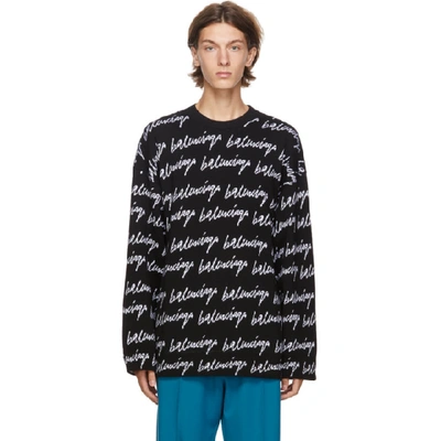 Shop Balenciaga Black And White Knit Scribble Logo Sweater In 1070black/