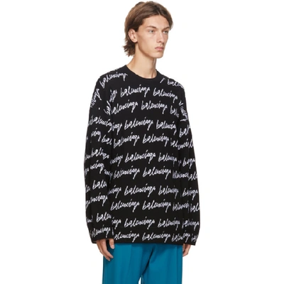 Shop Balenciaga Black And White Knit Scribble Logo Sweater In 1070black/