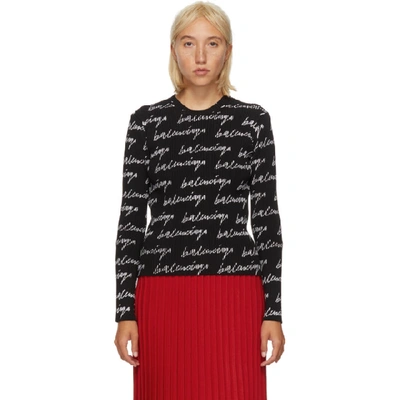 Shop Balenciaga Black & White Rib Allover Signature Logo Sweater In 1070 Blk/wh