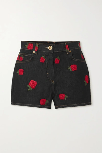 Shop Versace Embroidered Denim Shorts In Black
