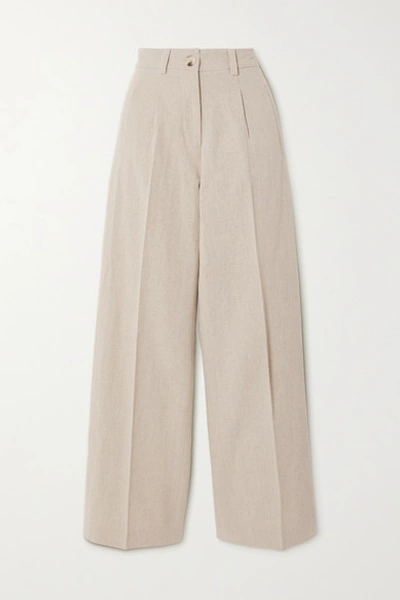 Shop Holzweiler Bolette Pleated Cotton And Linen-blend Straight-leg Pants In Beige