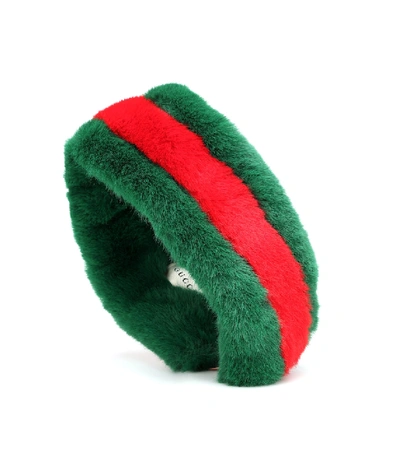 Shop Gucci Teddy Faux-fur Striped Headband In Green