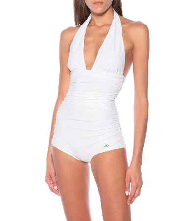 Shop Dolce & Gabbana Halterneck Swimsuit In White