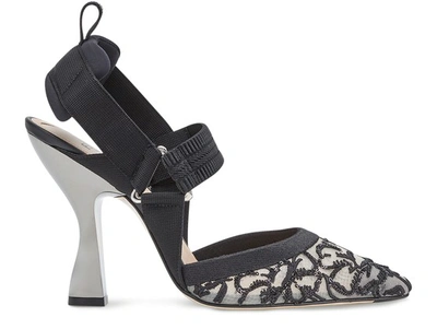 Shop Fendi Embroide Mesh High-heeled Slingbacks In Noir