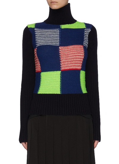 Shop Victoria Beckham Turtleneck Patchwork Rib Wool Knit Sweater In Blue
