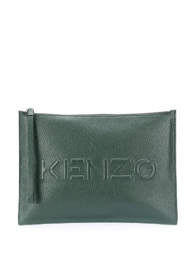 Shop Kenzo Zip-up Leather Clutch Bag In Green