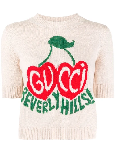 Shop Gucci Cherry Wool Crop Top In Neutrals