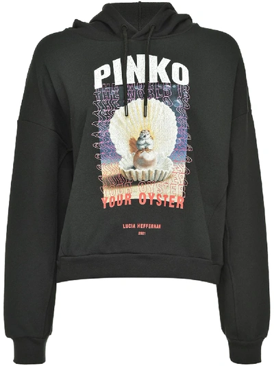 Shop Pinko The World Is Your Oyster-print Cotton Hoodie In Black