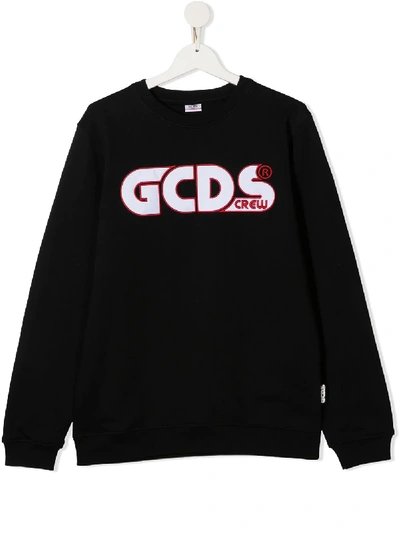 Shop Gcds Teen Embroidered Logo Cotton Sweatshirt In Black