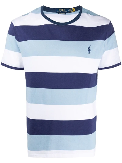 Shop Polo Ralph Lauren Logo Embroidered Striped T-shirt In Blue