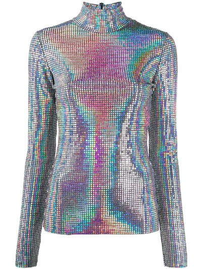 Shop Msgm Iridescent Roll Neck Top In Grey