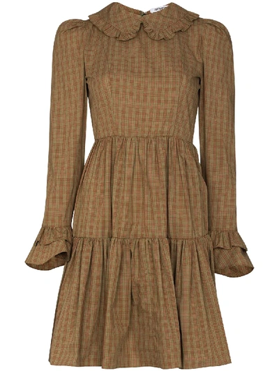 Shop Batsheva Lucy Gingham Tiered Mini Dress In Brown