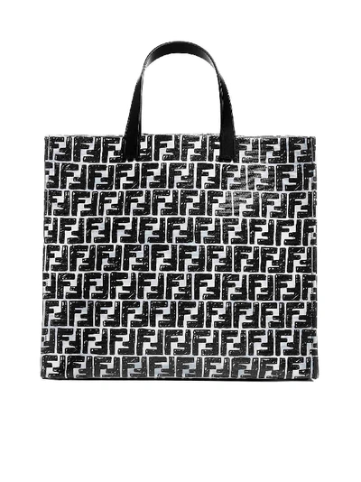 Shop Fendi Ff Logo Canvas Tote Bag In Bco + Celeste + Nr + Ovibr