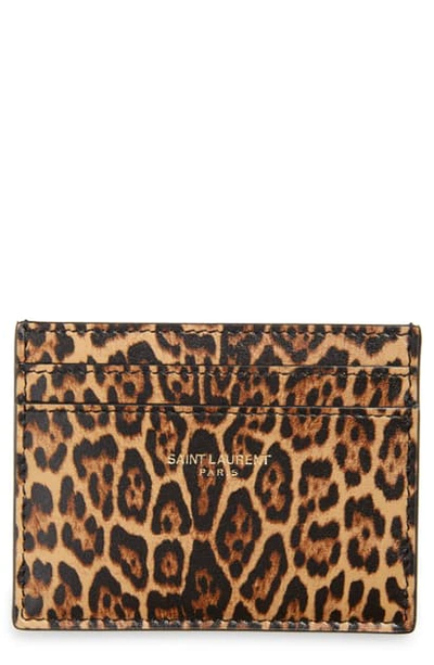 Shop Saint Laurent Mini Leopard Print Leather Card Case In Toffee